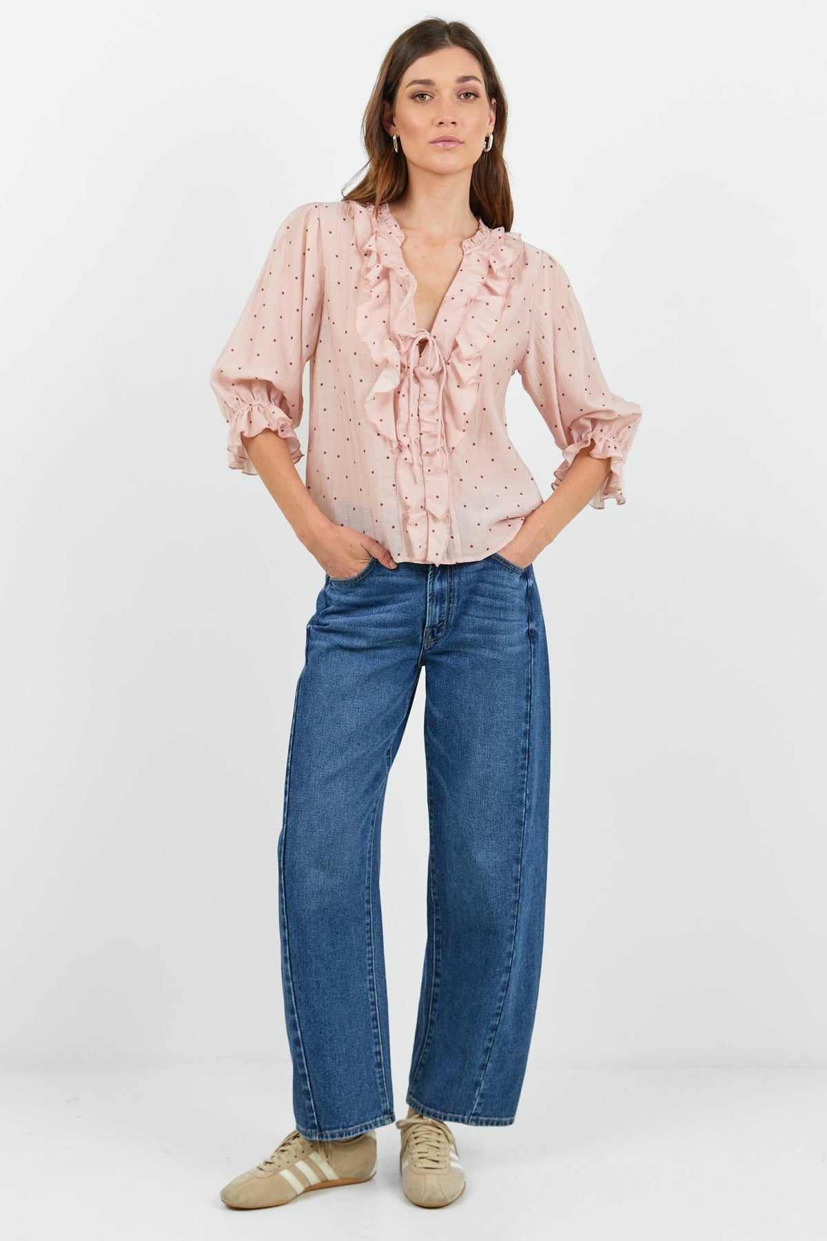 AMONG THE BRAVE GARNISH POLKA DOT FRILL FRONT MID SLEEVE TOP