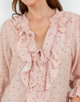 AMONG THE BRAVE GARNISH POLKA DOT FRILL FRONT MID SLEEVE TOP