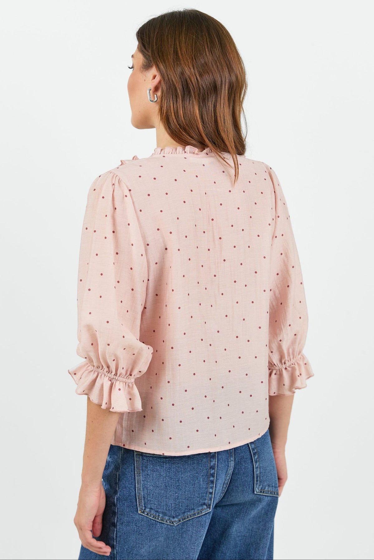 AMONG THE BRAVE GARNISH POLKA DOT FRILL FRONT MID SLEEVE TOP