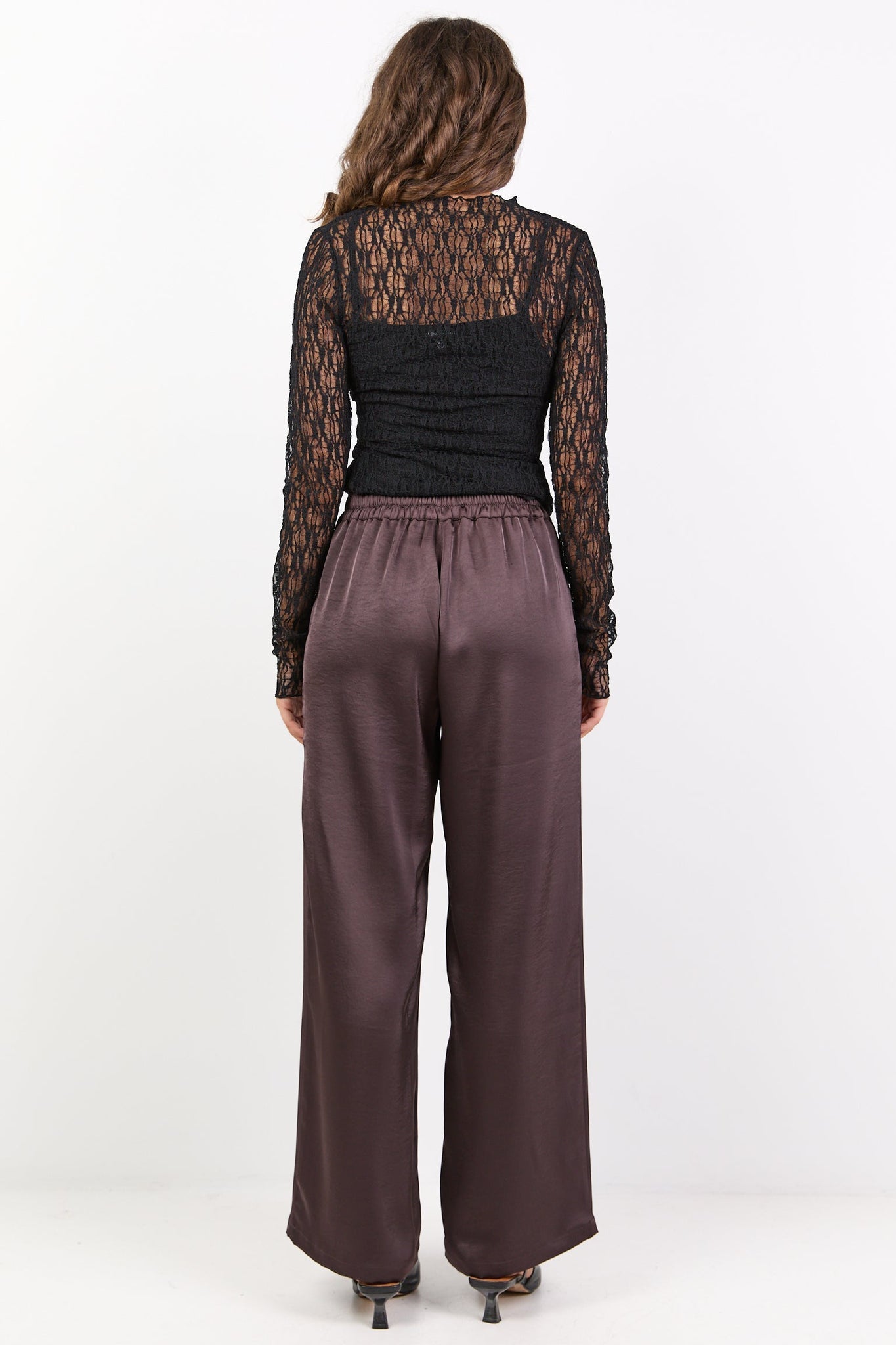 BY ROSA GRANDEUR SATIN ELASTIC BACK WIDE LEG PANTS