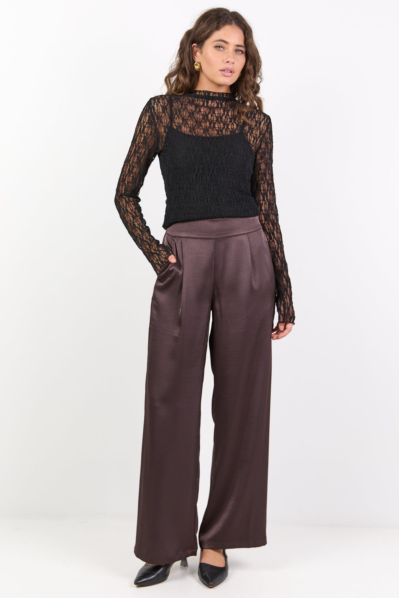 BY ROSA GRANDEUR SATIN ELASTIC BACK WIDE LEG PANTS