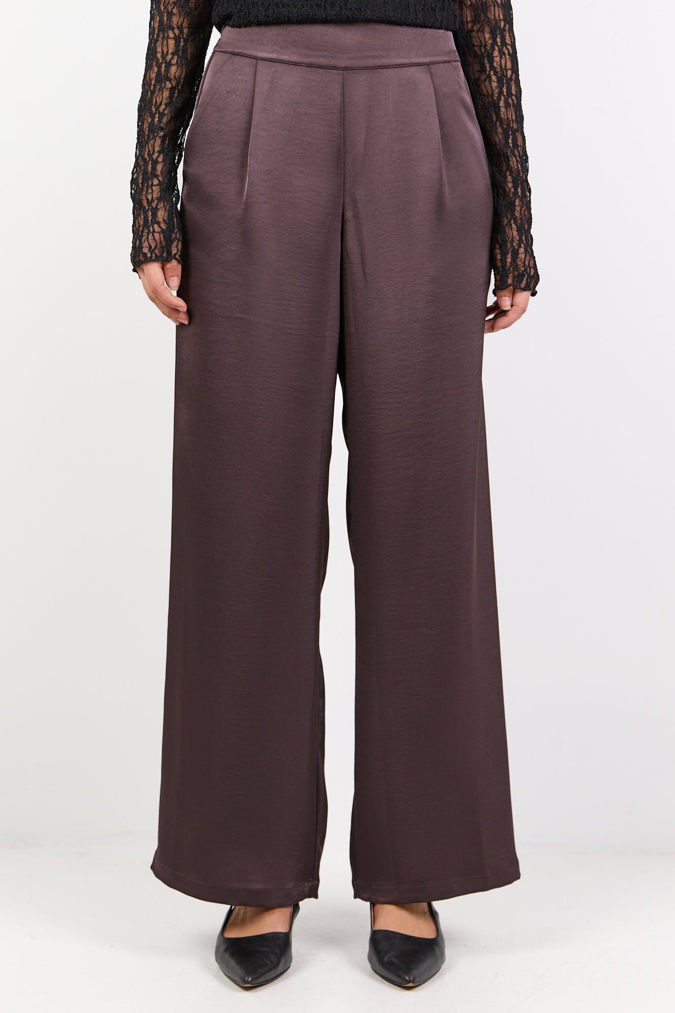 BY ROSA GRANDEUR SATIN ELASTIC BACK WIDE LEG PANTS