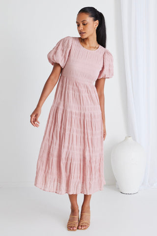 IVY + JACK GRACEFUL SHIRRED BUBBLE SLEEVE TIERED MAXI DRESS
