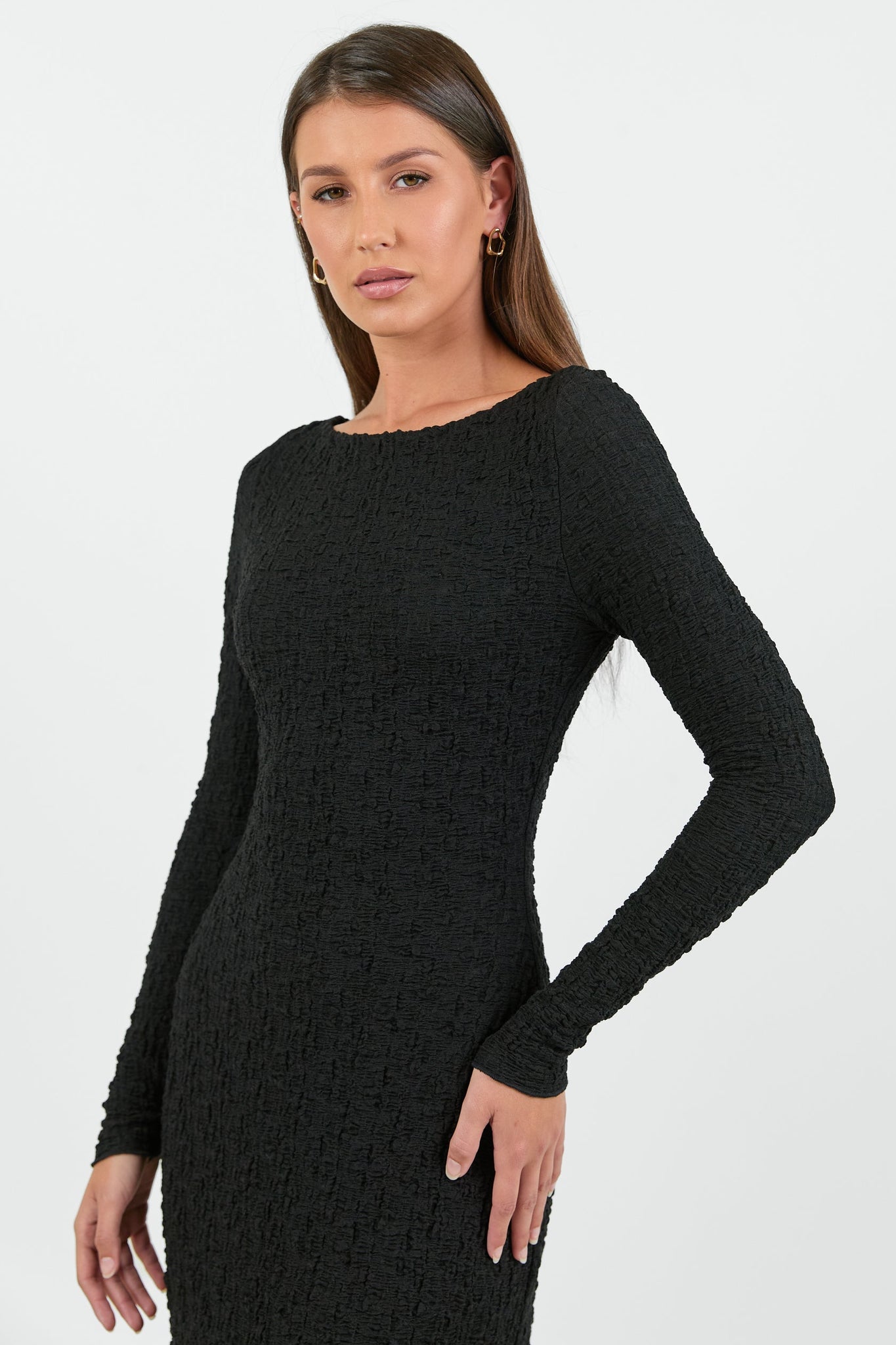 AMONG THE BRAVE HABITAT STRETCH LACE KNIT LONG SLEEVED MAXI DRESS