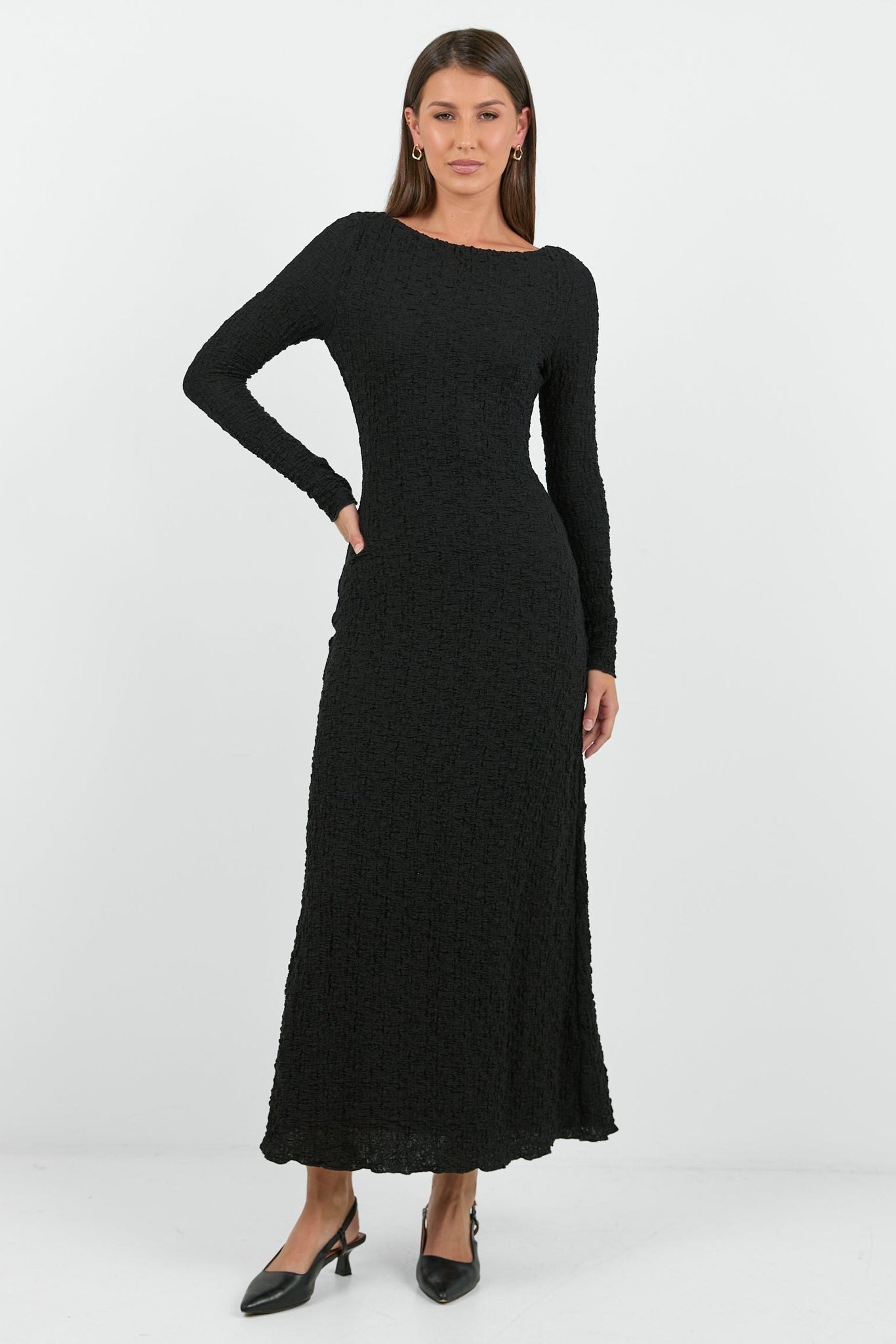 AMONG THE BRAVE HABITAT STRETCH LACE KNIT LONG SLEEVED MAXI DRESS