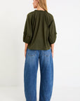 BY ROSA. LUMINARY OLIVE VOILE TIE FRONT SS TOP