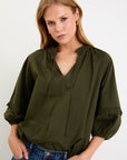 BY ROSA. LUMINARY OLIVE VOILE TIE FRONT SS TOP