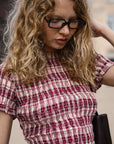 MINK PINK ANOUK SHORT SLEEVE SHIRRED CHECK MINI DRESS