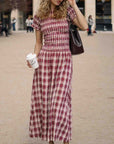 MINK PINK ANOUK SHORT SLEEVE SHIRRED CHECK MINI DRESS