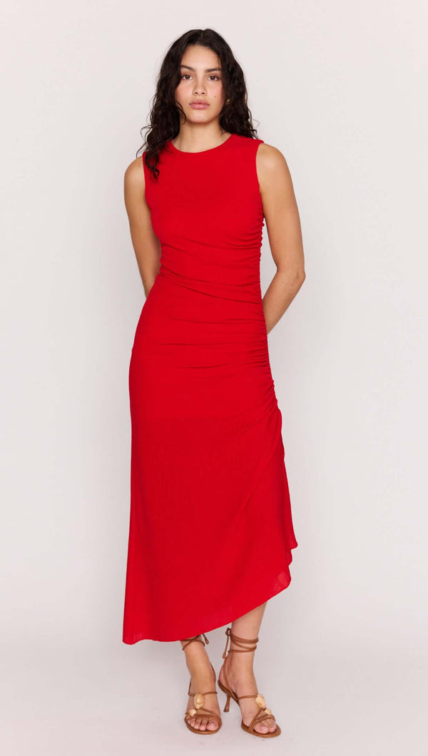 MINK PINK RUCHED ROSA STRETCH MIDI DRESS