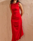 MINK PINK RUCHED ROSA STRETCH MIDI DRESS