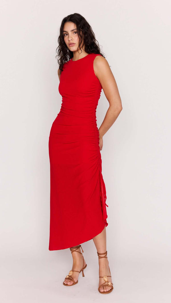 MINK PINK RUCHED ROSA STRETCH MIDI DRESS
