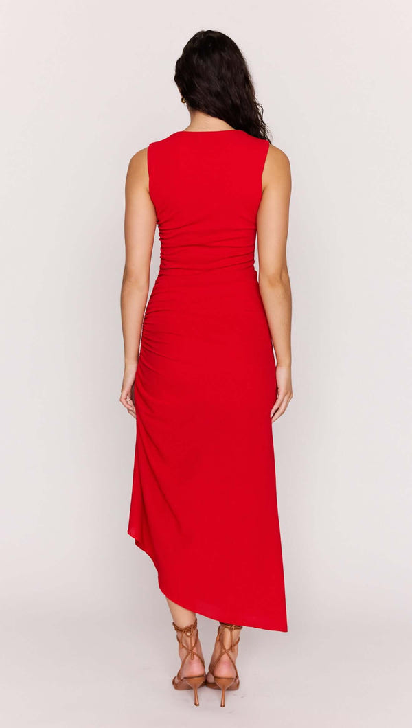 MINK PINK RUCHED ROSA STRETCH MIDI DRESS