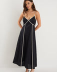 AMONG THE BRAVE MARINE CONTRAST PIPED LINEN STRAPPY DRESS
