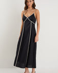 AMONG THE BRAVE MARINE CONTRAST PIPED LINEN STRAPPY DRESS
