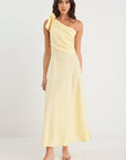 GEORGIA ZOE MIRROR LINEN ONE SHOULDER BOW MIDI DRESS