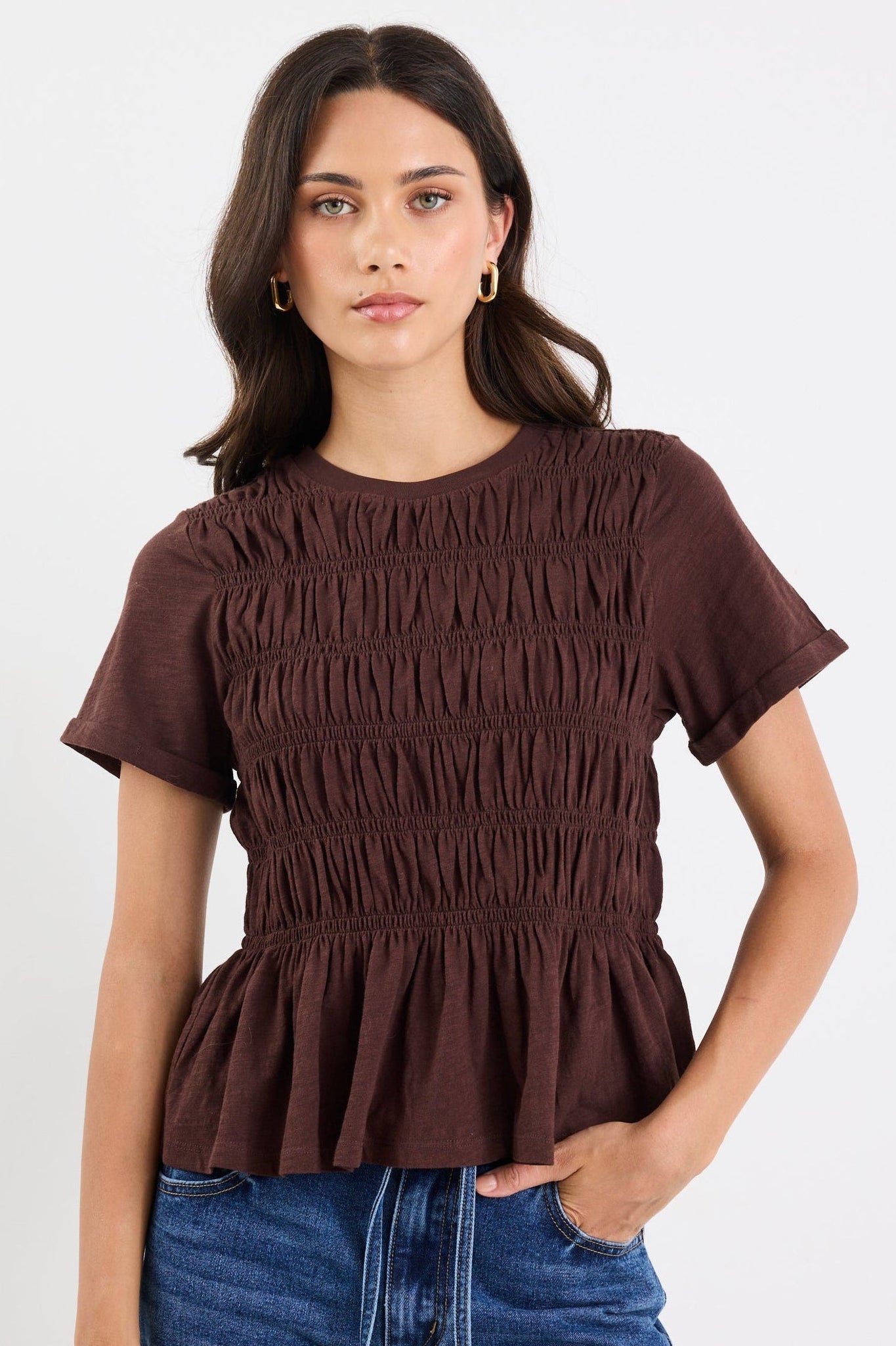 STORIES BE TOLD NEAT SLUB SHIRRED DETAIL SS TEE