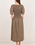 RE:UNION NEST GINGHAM SHORT SLEEVE SHIRRED BODICE MIDI DRESS