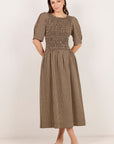 RE:UNION NEST GINGHAM SHORT SLEEVE SHIRRED BODICE MIDI DRESS