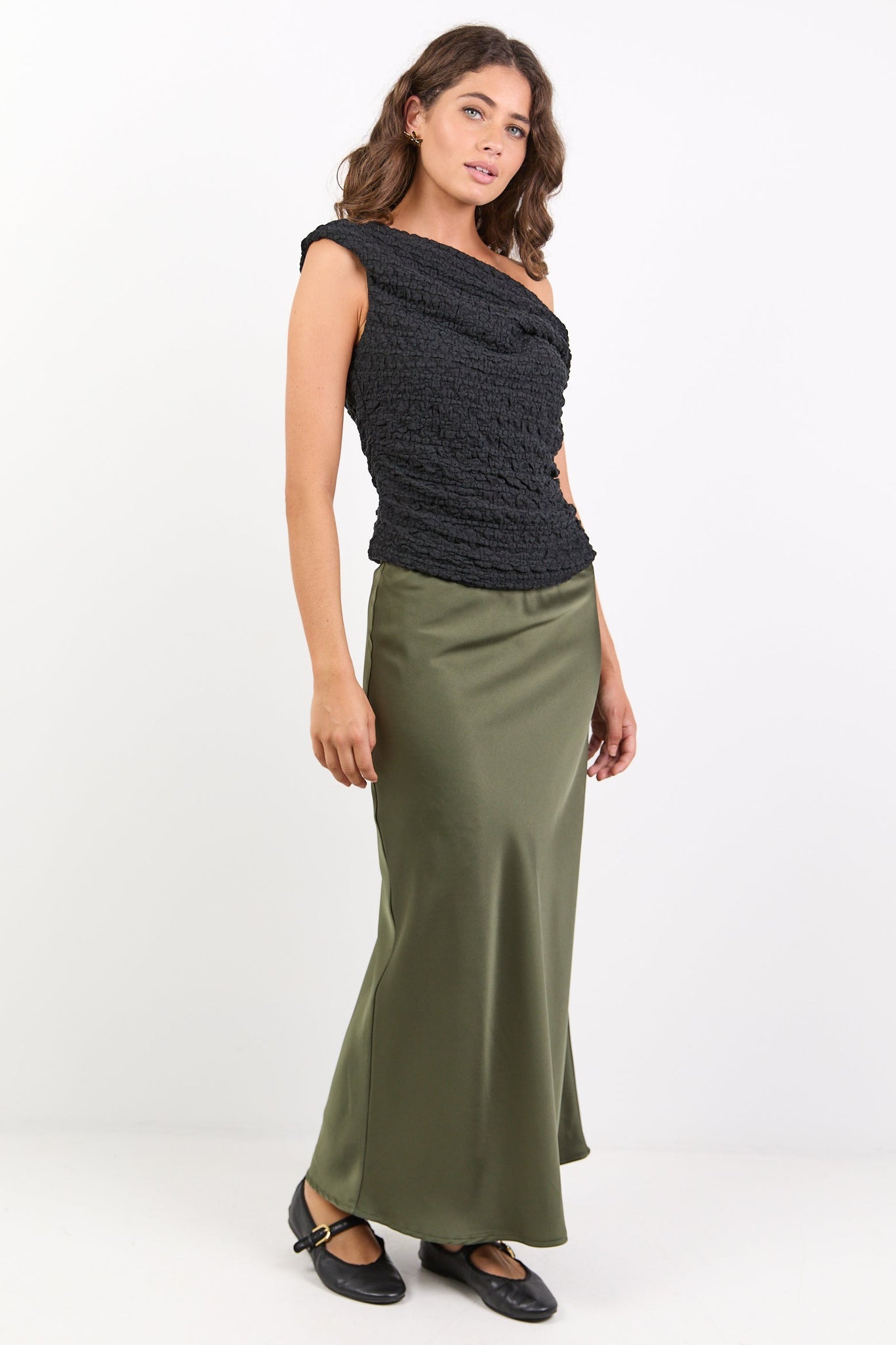 IVY + JACK ROSETTE SATIN BIAS MIDI SKIRT