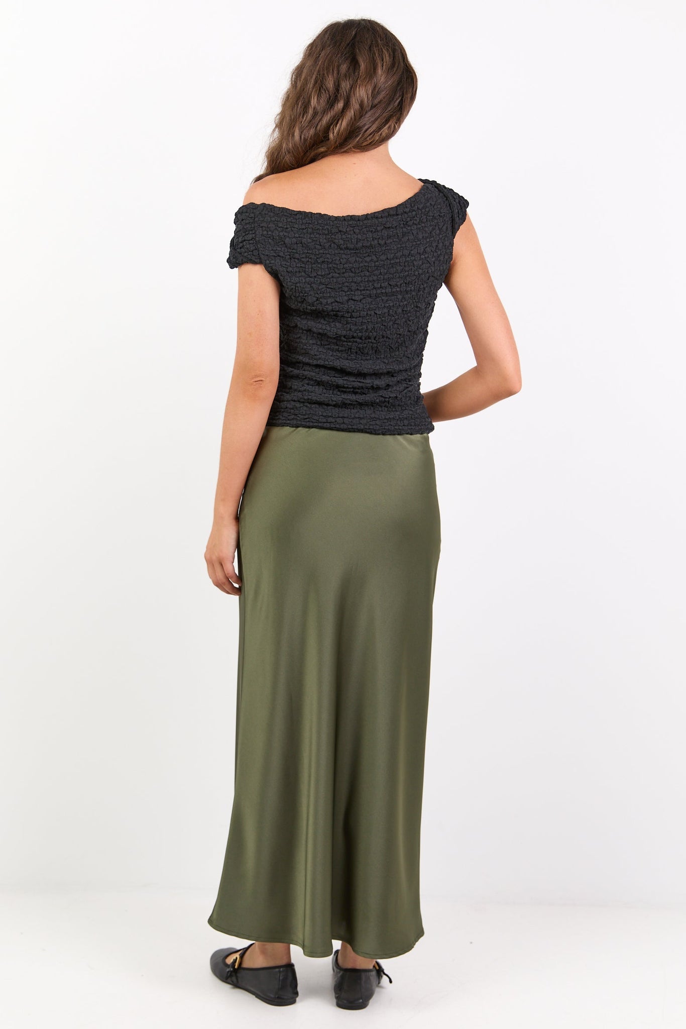 IVY + JACK ROSETTE SATIN BIAS MIDI SKIRT