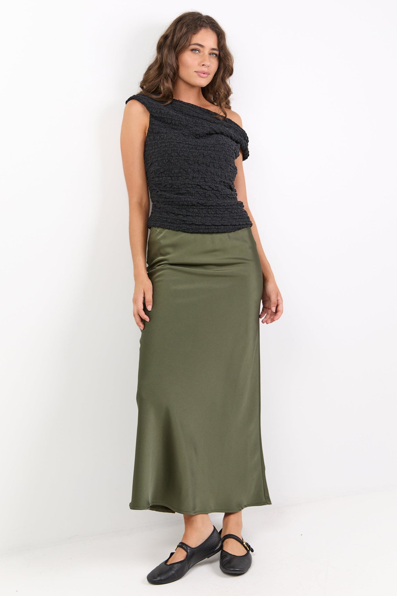 IVY + JACK ROSETTE SATIN BIAS MIDI SKIRT