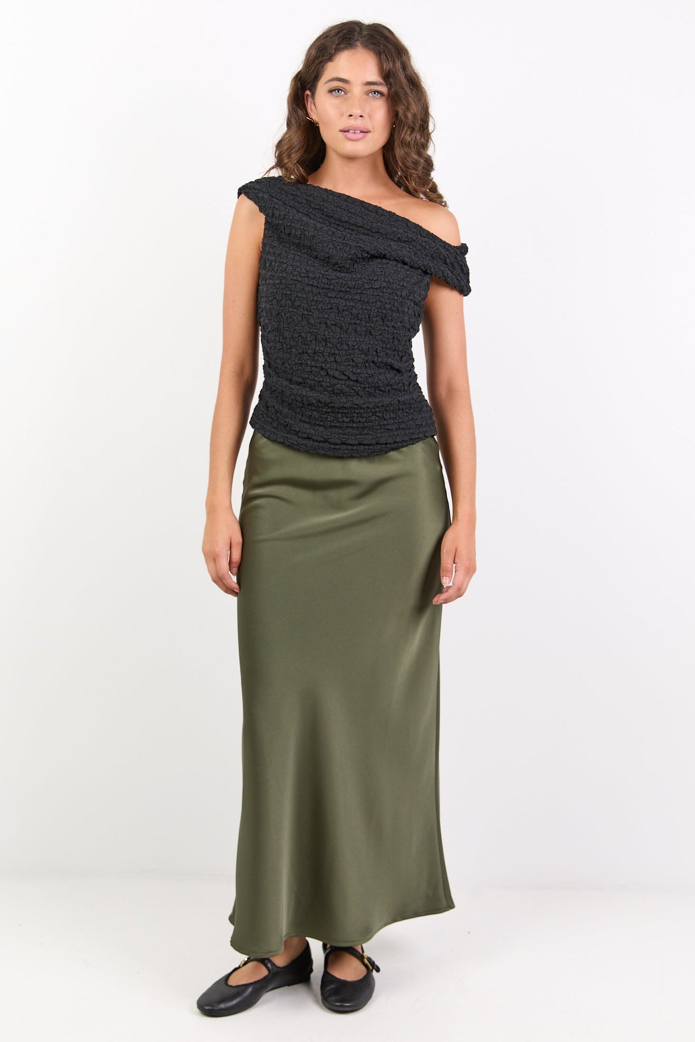 IVY + JACK ROSETTE SATIN BIAS MIDI SKIRT