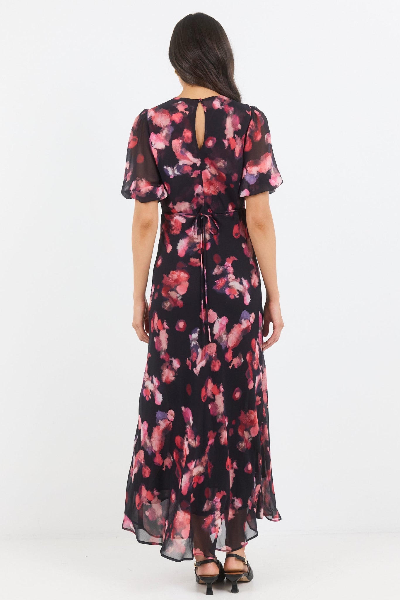 GEORGIA ZOE NOBLE ABSTRACT PRINT V NECK PUFF SLEEVE MIDI DRESS