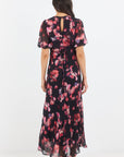 GEORGIA ZOE NOBLE ABSTRACT PRINT V NECK PUFF SLEEVE MIDI DRESS