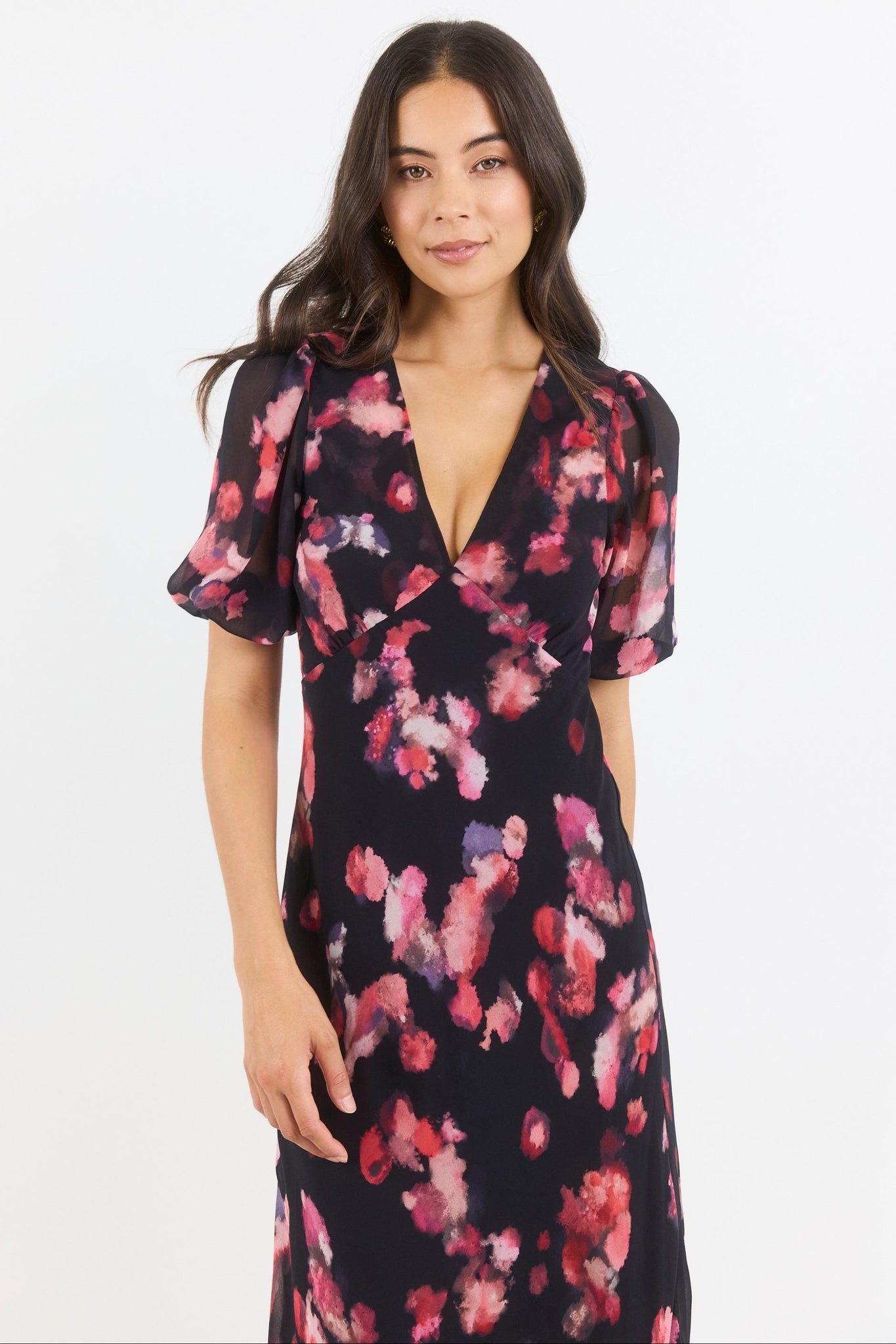 GEORGIA ZOE NOBLE ABSTRACT PRINT V NECK PUFF SLEEVE MIDI DRESS