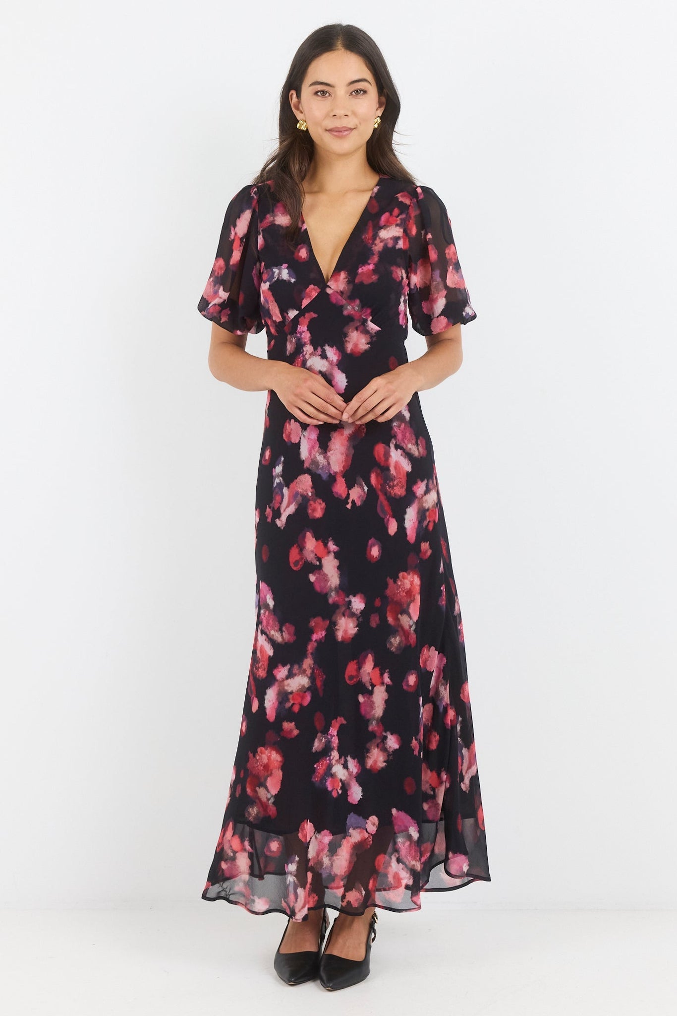 GEORGIA ZOE NOBLE ABSTRACT PRINT V NECK PUFF SLEEVE MIDI DRESS
