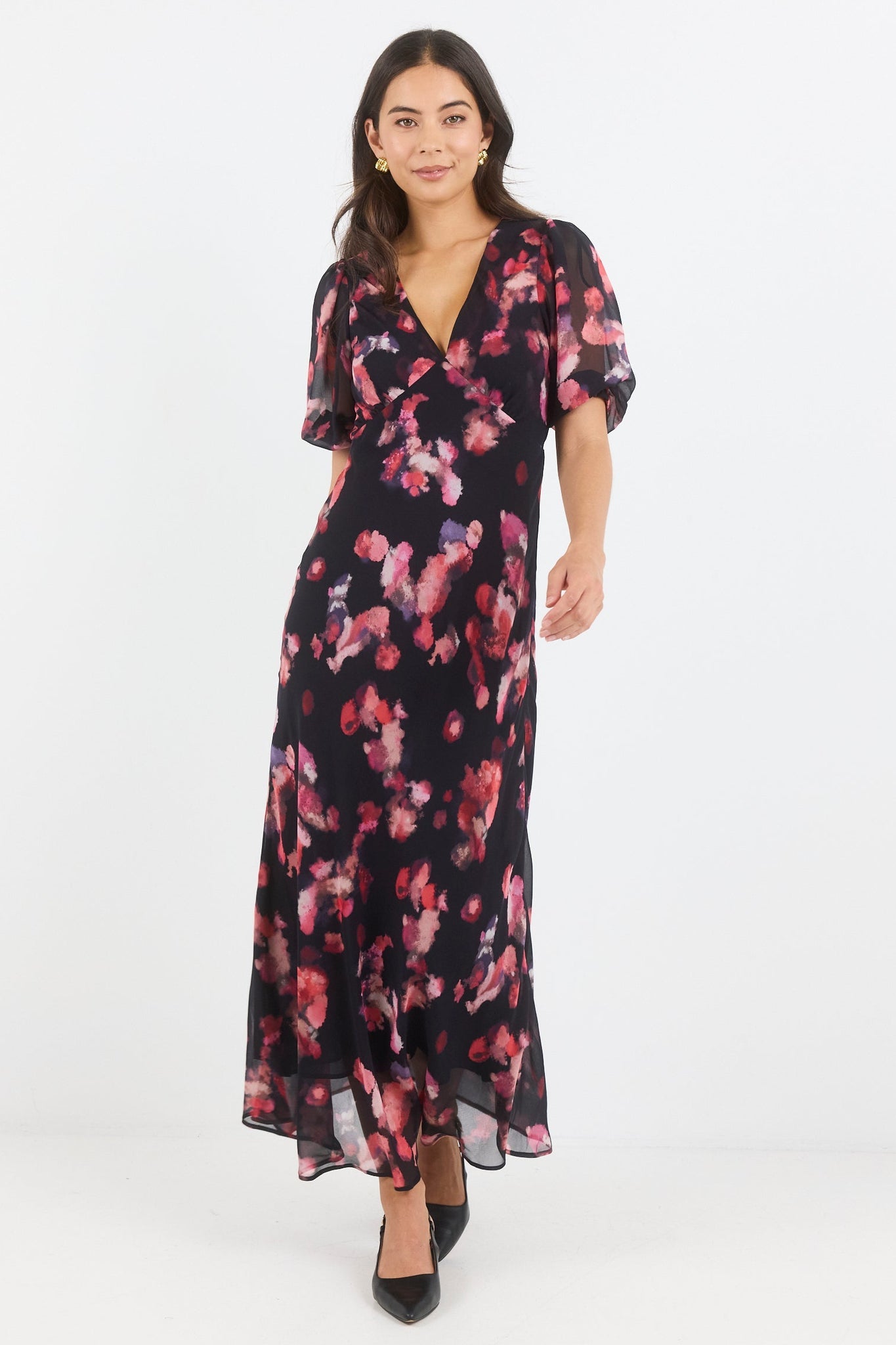 GEORGIA ZOE NOBLE ABSTRACT PRINT V NECK PUFF SLEEVE MIDI DRESS