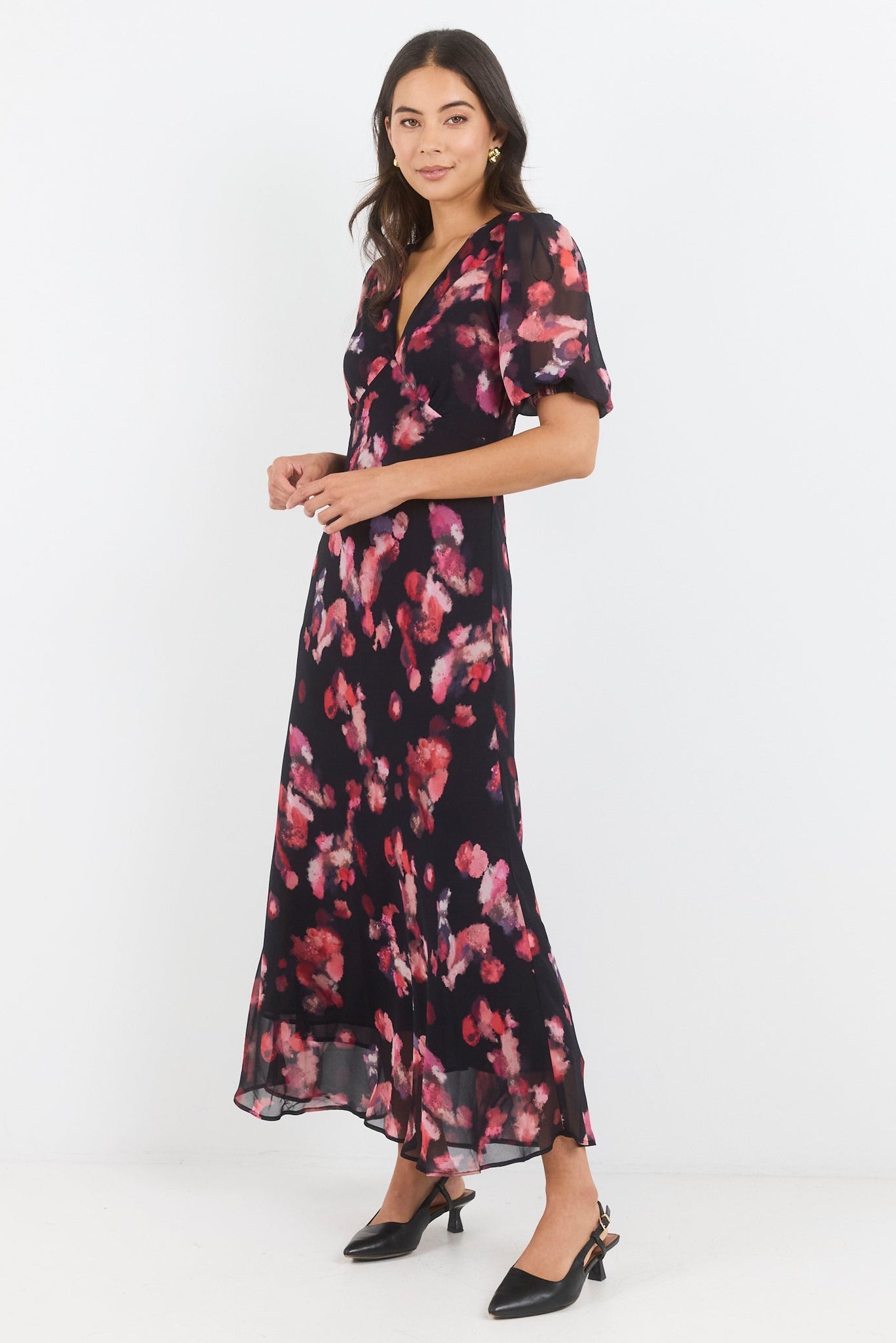 GEORGIA ZOE NOBLE ABSTRACT PRINT V NECK PUFF SLEEVE MIDI DRESS