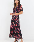 GEORGIA ZOE NOBLE ABSTRACT PRINT V NECK PUFF SLEEVE MIDI DRESS