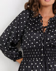 IVY + JACK NUANCE MINI POLKA DOT LONGSLEEVE V NECK SHIRRED WAIST MIDI