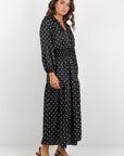 IVY + JACK NUANCE MINI POLKA DOT LONGSLEEVE V NECK SHIRRED WAIST MIDI