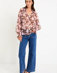 AMONG THE BRAVE ODYSSEY BLUSH FLORAL SHIRRED NECK LS TOP