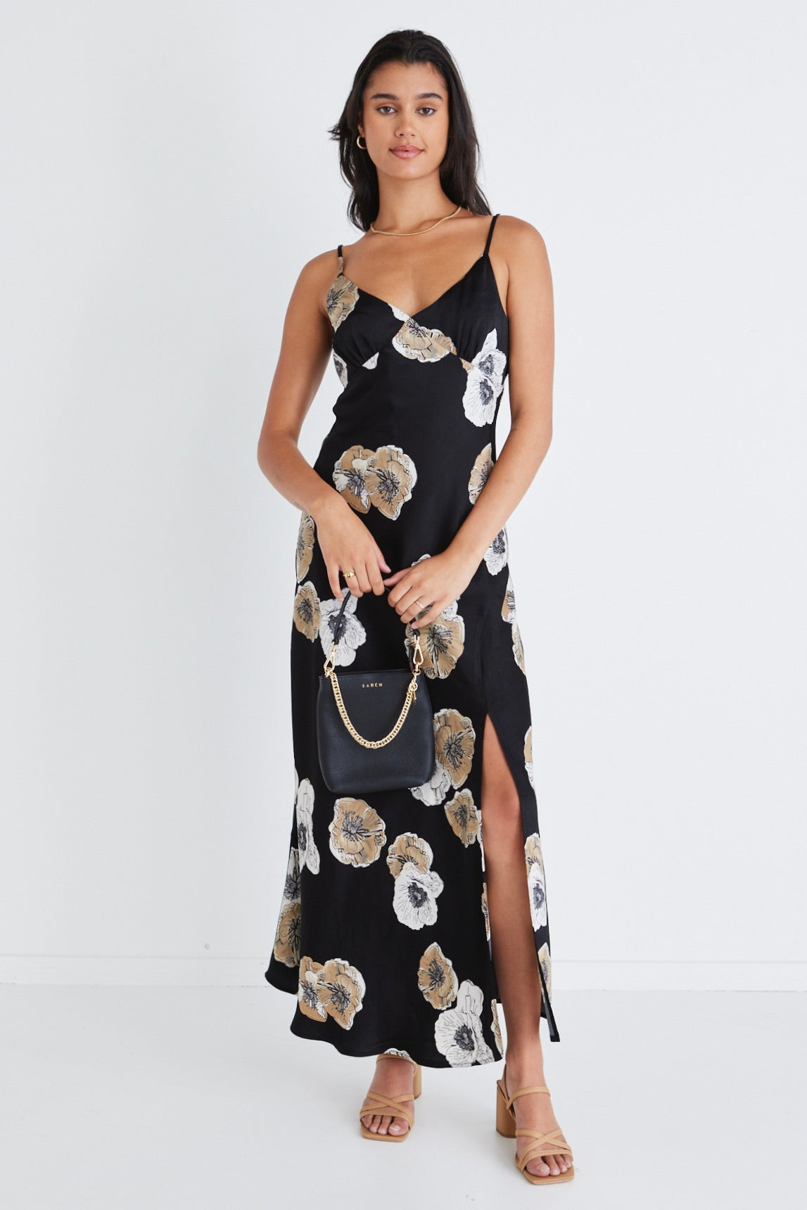 AMONG THE BRAVE BLACK FLORAL SATIN BIAS SLIP DRESS