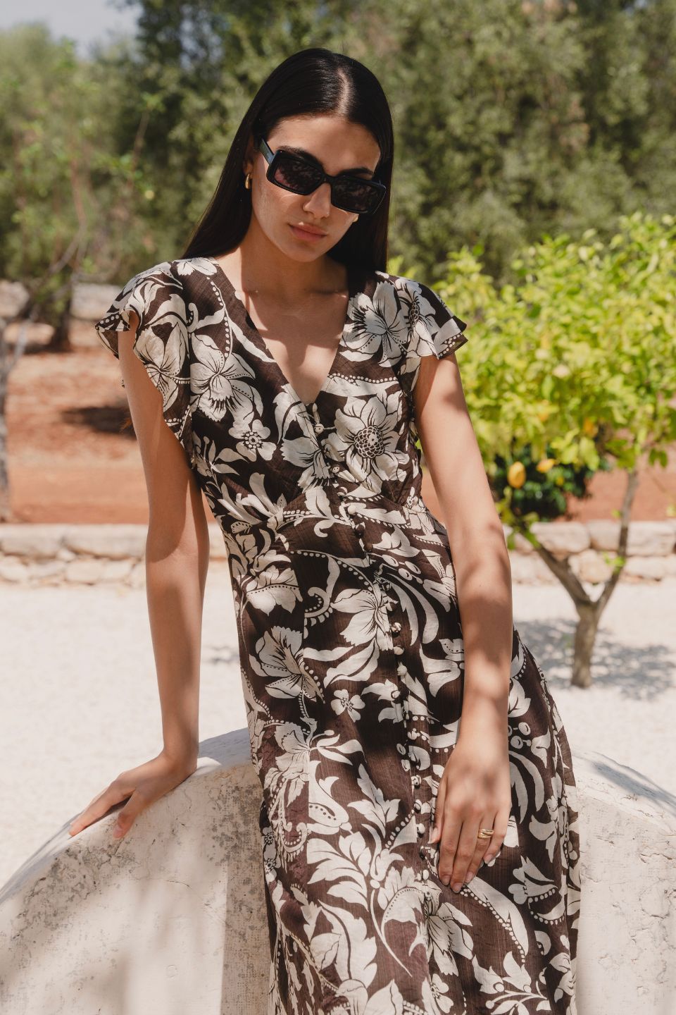 AMONG THE BRAVE FLAWLESS FLORAL FLUTED SLEEVE BUTTON FRONT MIDI DRESS