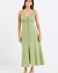 AMONG THE BRAVE PANAMA MOSS SLEEVELESS BUTTON FRONT MIDI DRESS