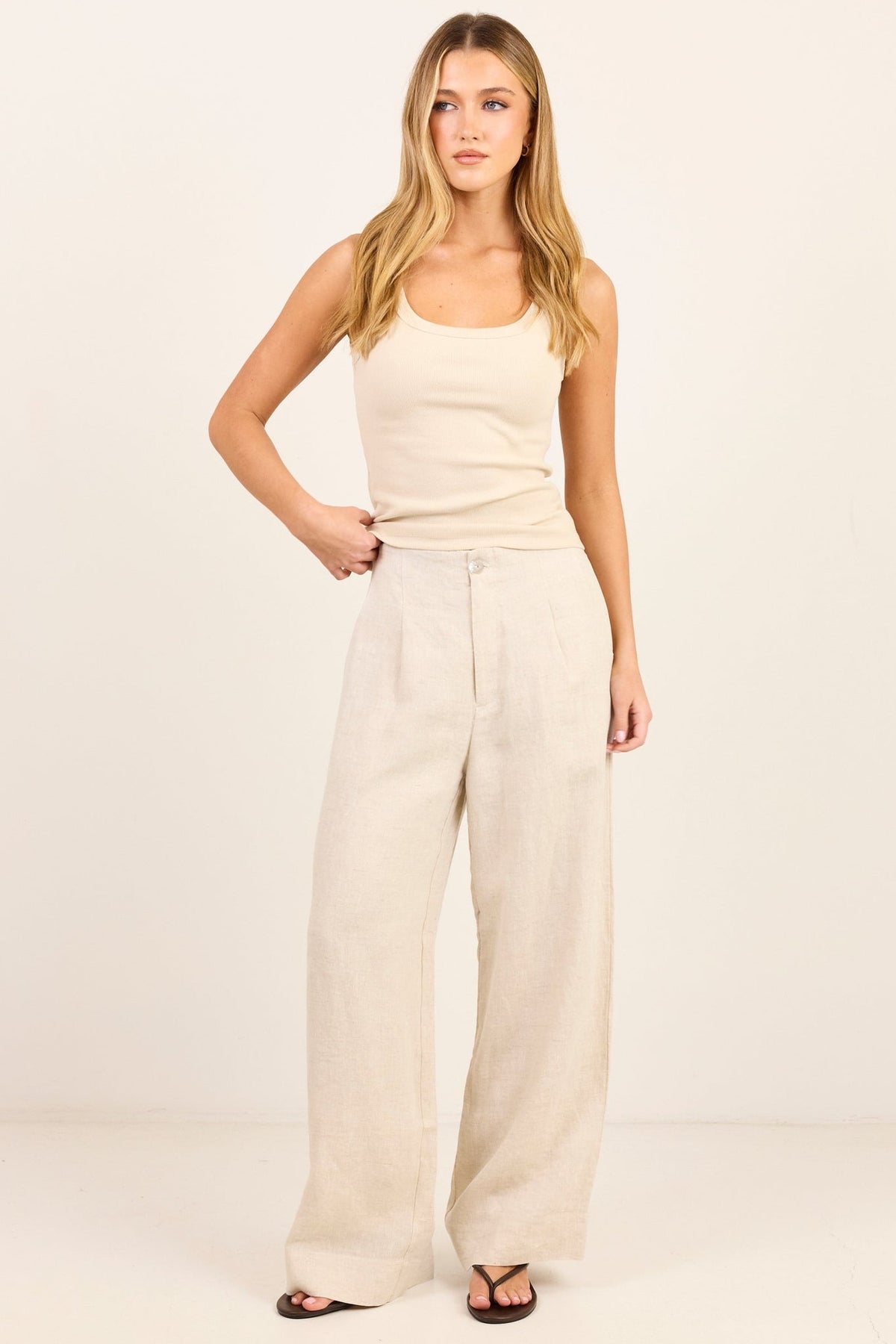 RE:UNION CURATOR LINEN PLEAT FRONT WIDE LEG PANTS