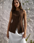 RE:UNION POLARITY LINEN VISCOSE CREW NECK FITTED VEST