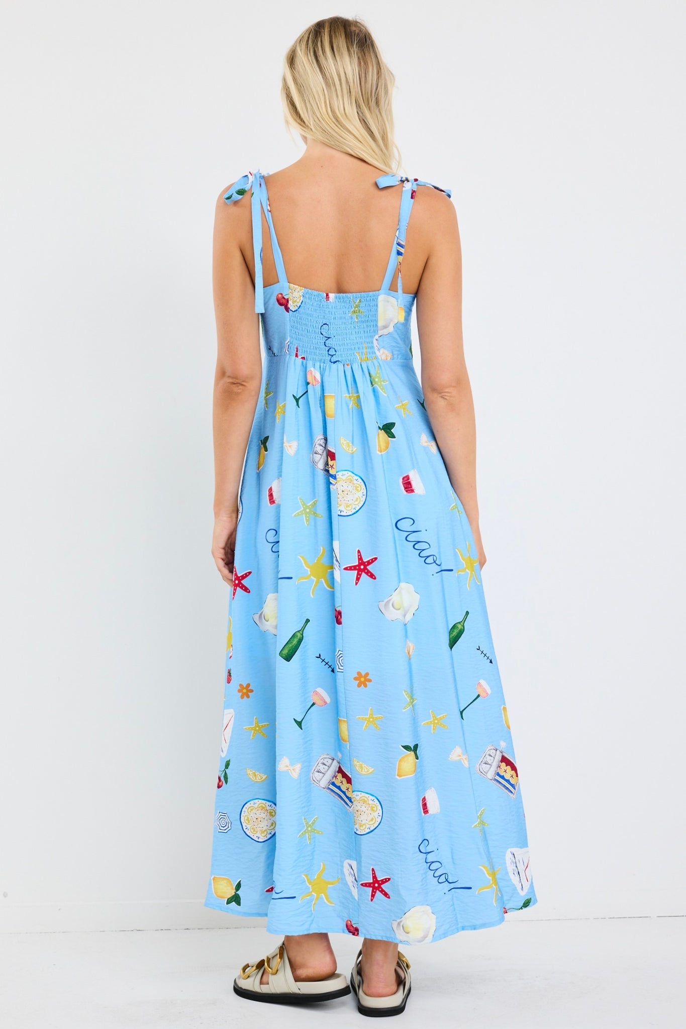 AMONG THE BRAVE PORTRAIT HOLIDAY TIE STRAP RELAXED MAXI DRESS
