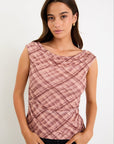STORIES BE TOLD QUARETTE BLUSH CHECK MESH SCOOP NECK TOP
