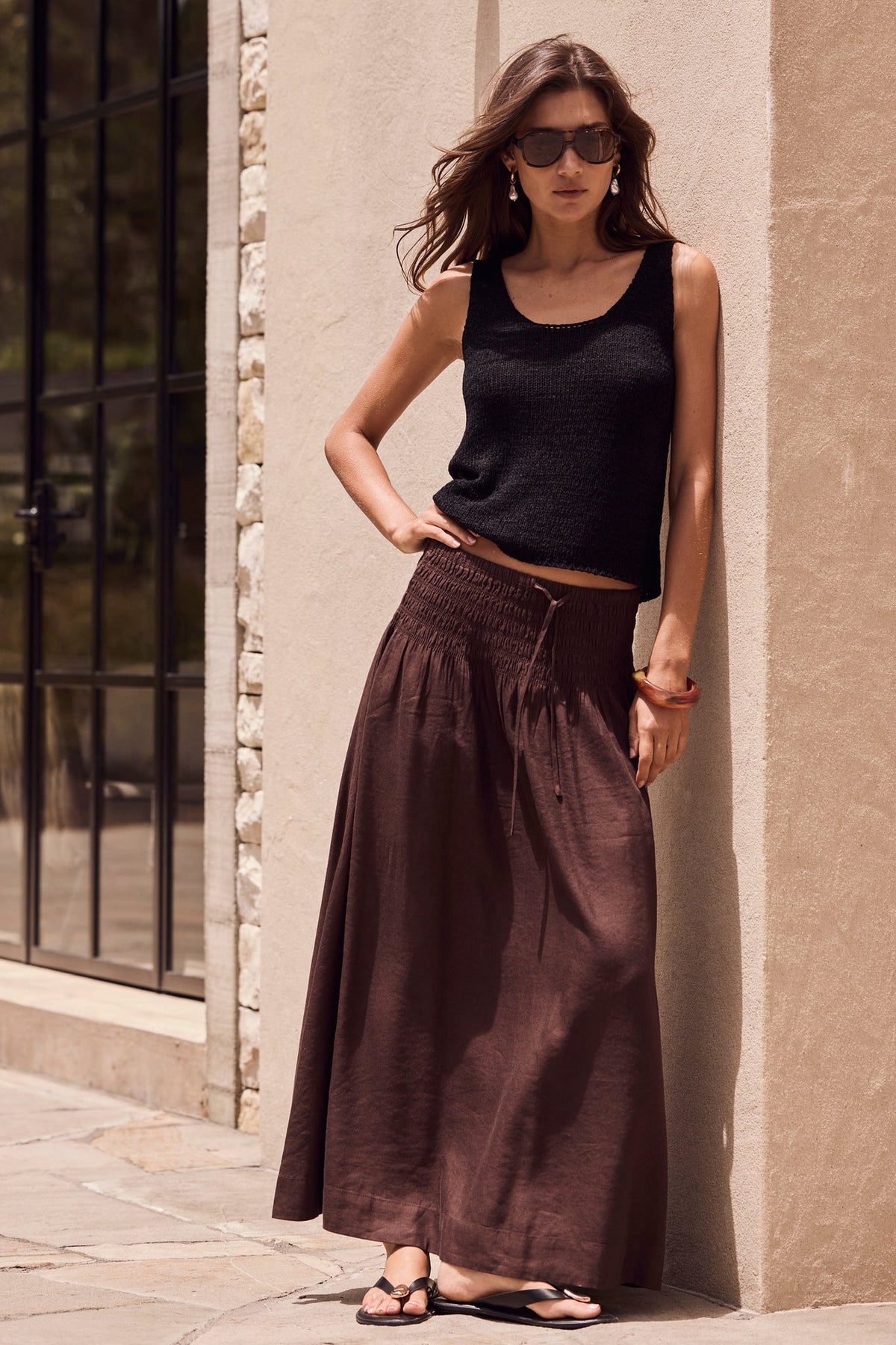RE:UNION BYRON LINEN BLEND SHIRRED WAIST MAXI SKIRT