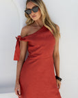 AMONG THE BRAVE REFLECT LINEN ONE SHOULDER BOW MINI DRESS