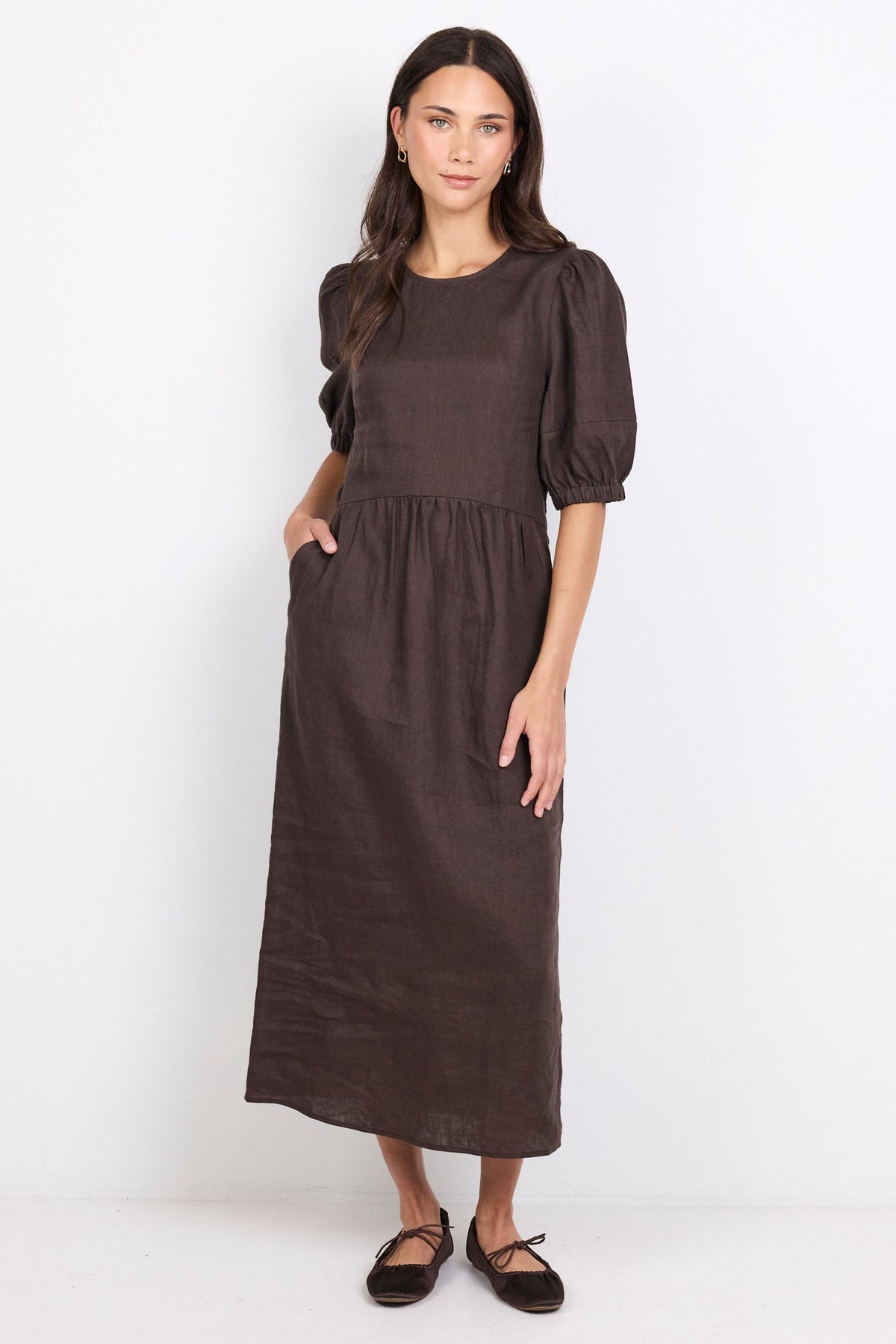 RE:UNION RELATIVE LINEN PUFF SLEEVE MAXI DRESS