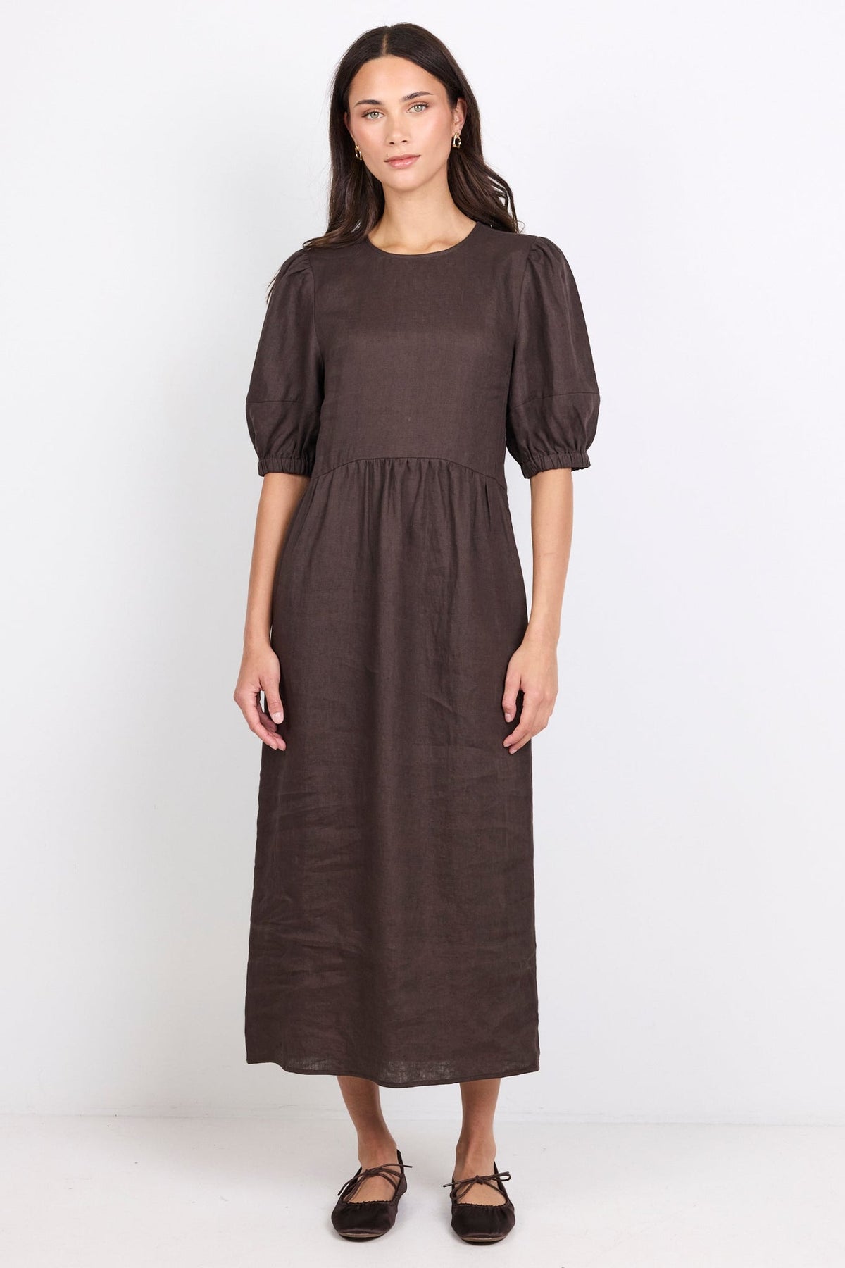 RE:UNION RELATIVE LINEN PUFF SLEEVE MAXI DRESS