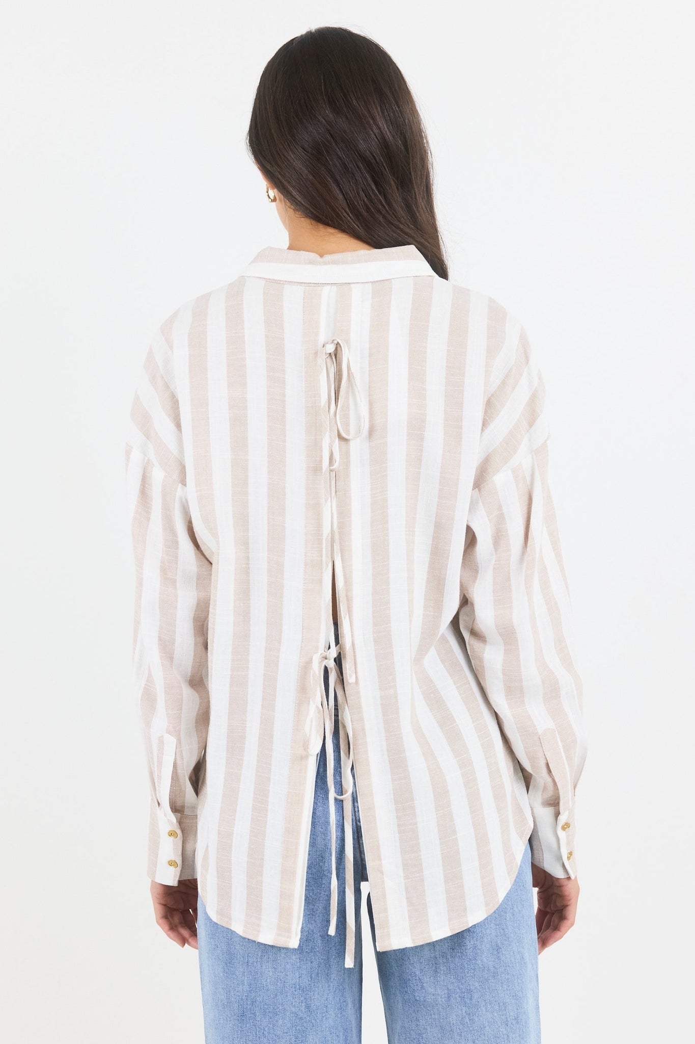 BY ROSA REVEAL STRIPE TIE BACK SHIRT