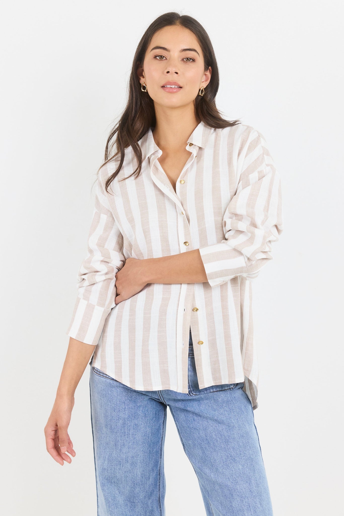BY ROSA REVEAL STRIPE TIE BACK SHIRT